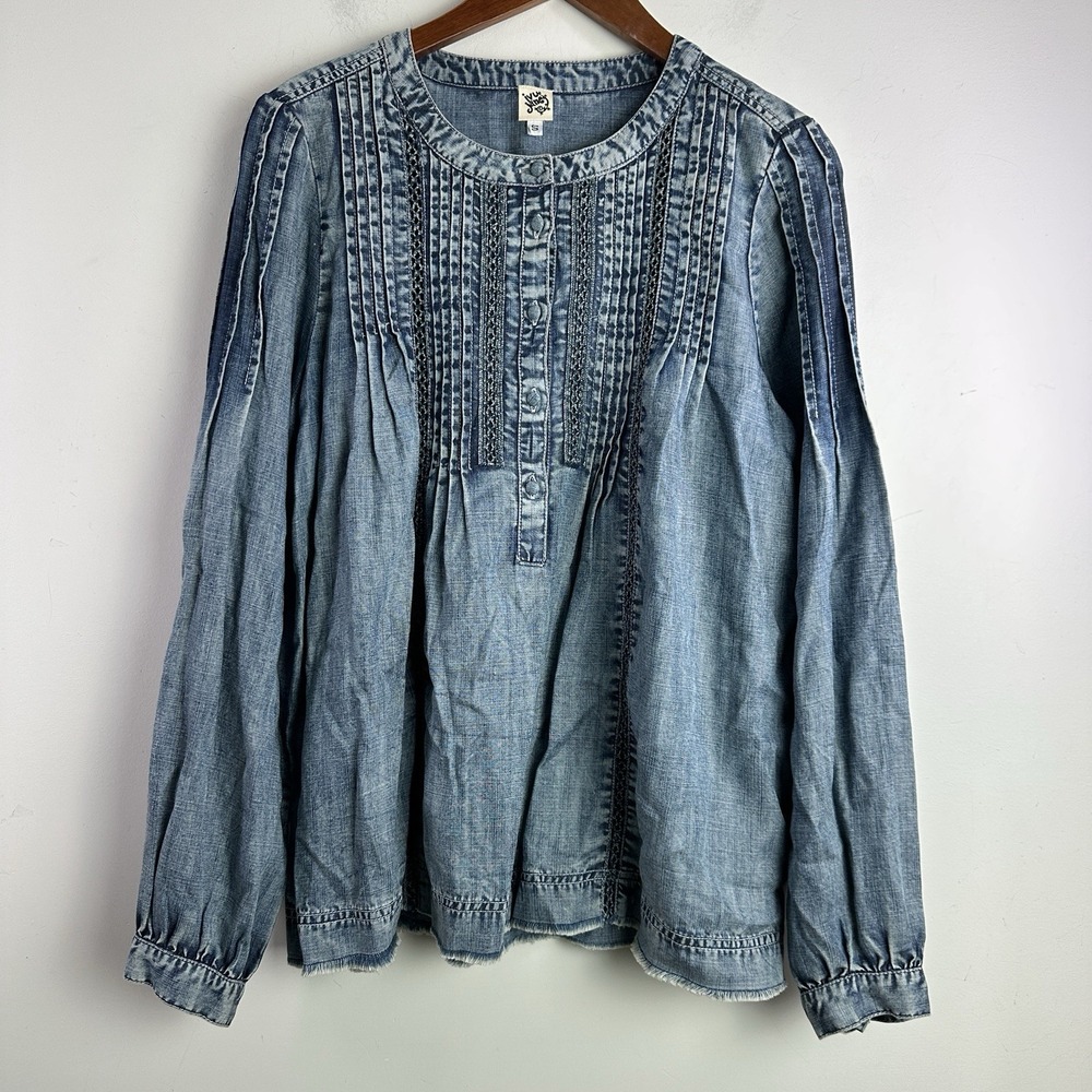 Ivy Jane Chambray Boho Peasant Tunic Top Pintuck Front Size S Blue Relaxed